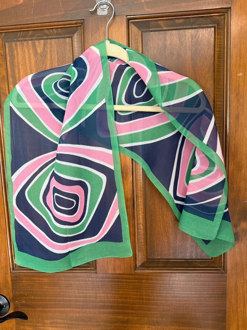 Geometric Pattern Silk-Feel Scarf in Green, Navy & Pink